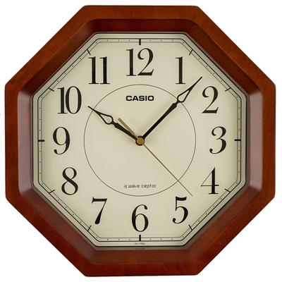 Radio-Controlled Wall Clock Octagonal Wooden Frame Brown Analog