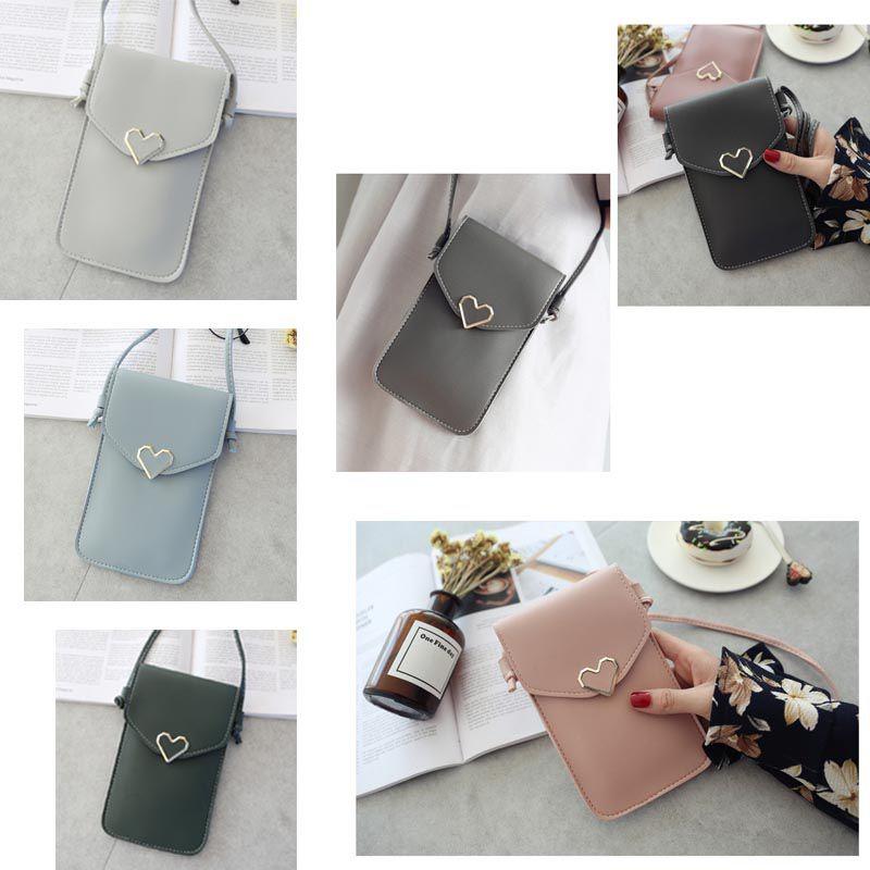 Stylish Women Simple Pu Leather Heart-shaped Decor Transparent Touch-screen Mobile Phone Bag