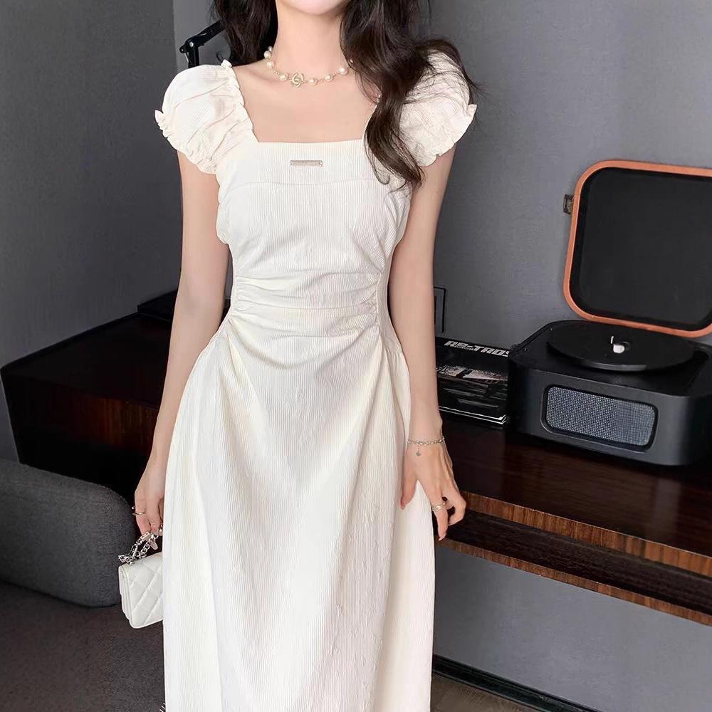 French square neck white dress for women, new summer first love, pure and sweet milky petite waist-cinching long dress