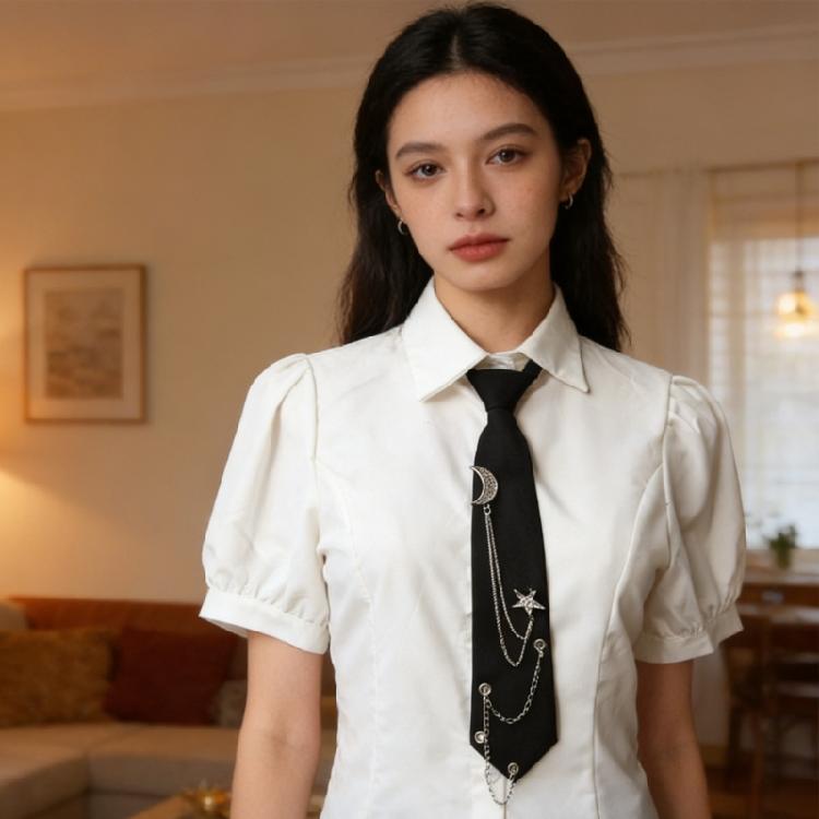 Student Pre Tied Neck Ties Preepy Look Rhinestones Star Metal Chain Dark Tie Cravat Neck Wear Accessories