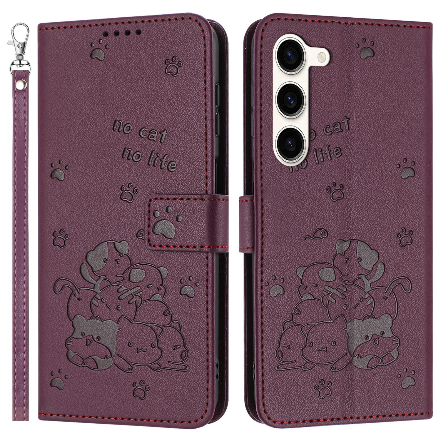 

For Samsung Galaxy S23 Case with Strap Cats Imprint Leather Wallet Phone Cover F