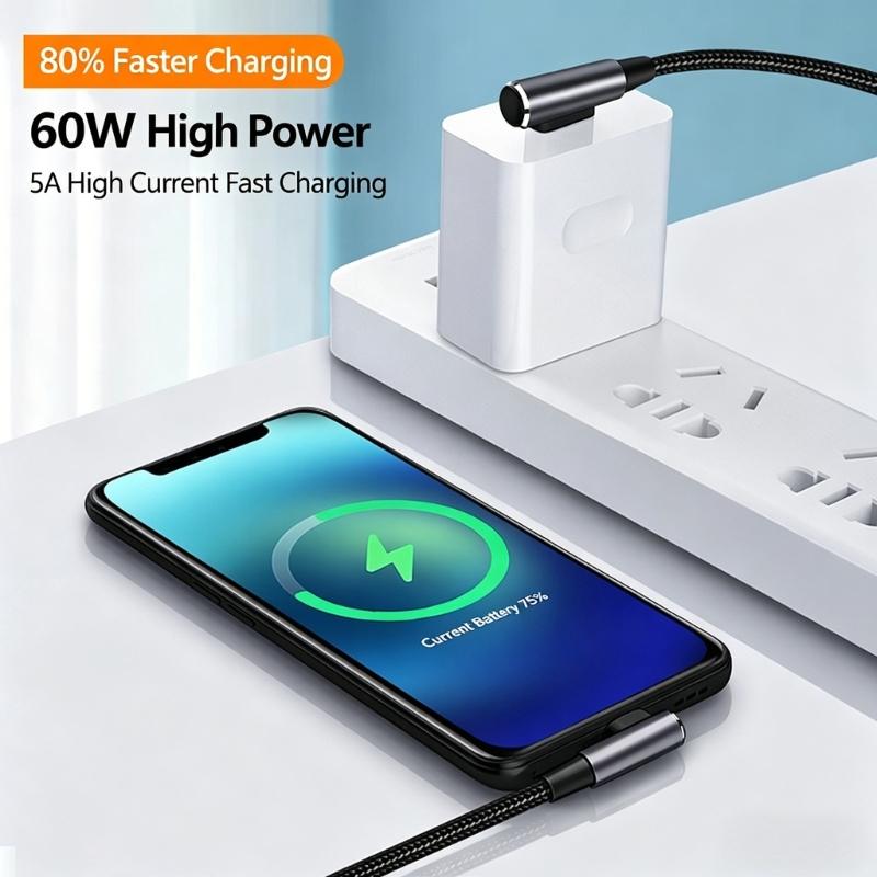 3A Fast Charging Braided Cable Right Angle USB C Cable Data Transfer Cord Suitable for Gaming and Quick Charging