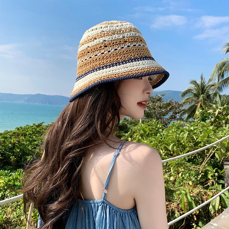 Two-tone Straw Fisherman Hat for Women, Summer Trendy Versatile Sun Protection Hat, Breathable Beach Vacation Wide-brimmed Bucket Hat