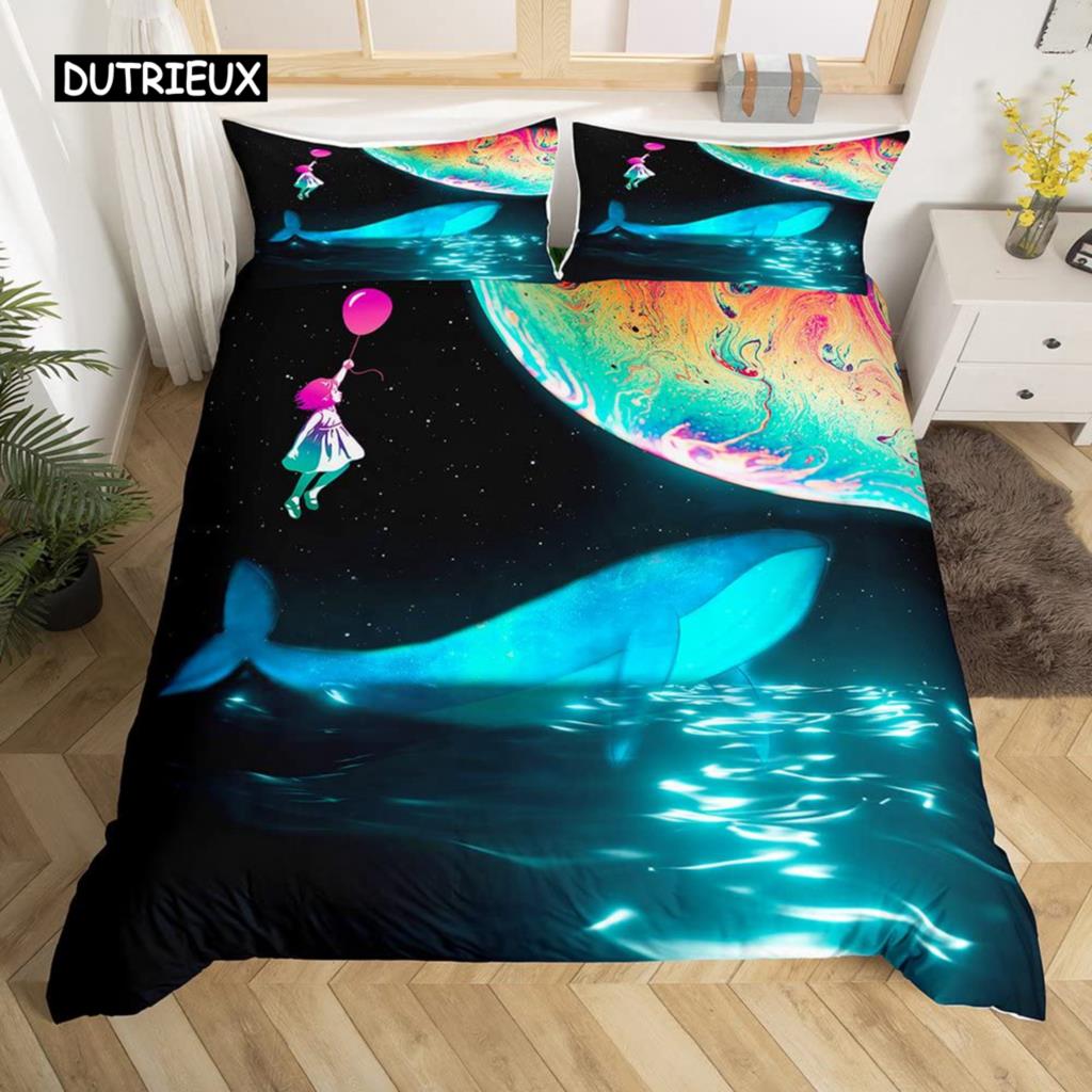 Σετ Πάπλωμα Φάλαινα Queen Size Αστρικά Αστέρια Σύμπαν Νεφέλωμα Κάλυμμα Πάπλωμα Μπλε Γαλαξίας Θέμα Ωκεανός Θαλάσσια Πλάσματα Σετ Κλινοσκεπασμάτων