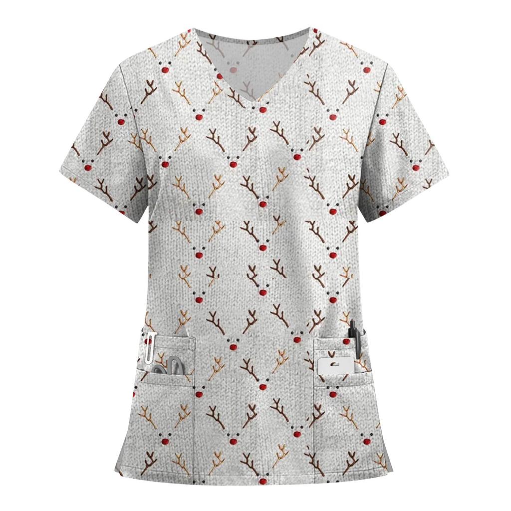 Women's Fashion Printed Short Sleeve V Neck Pattern Tops Pocket Working T-shirts