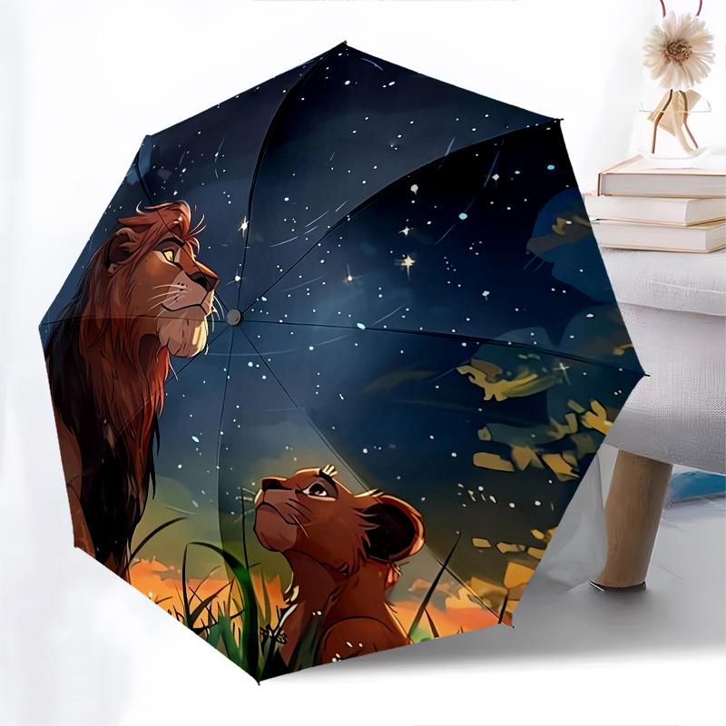 Lion King,Night Sky Fully Automatic Themed Umbrella   8 Ribs Durable Iron Frame, Tri Fold Compact Design, Perfect As a Gift, Travel Umbrella
