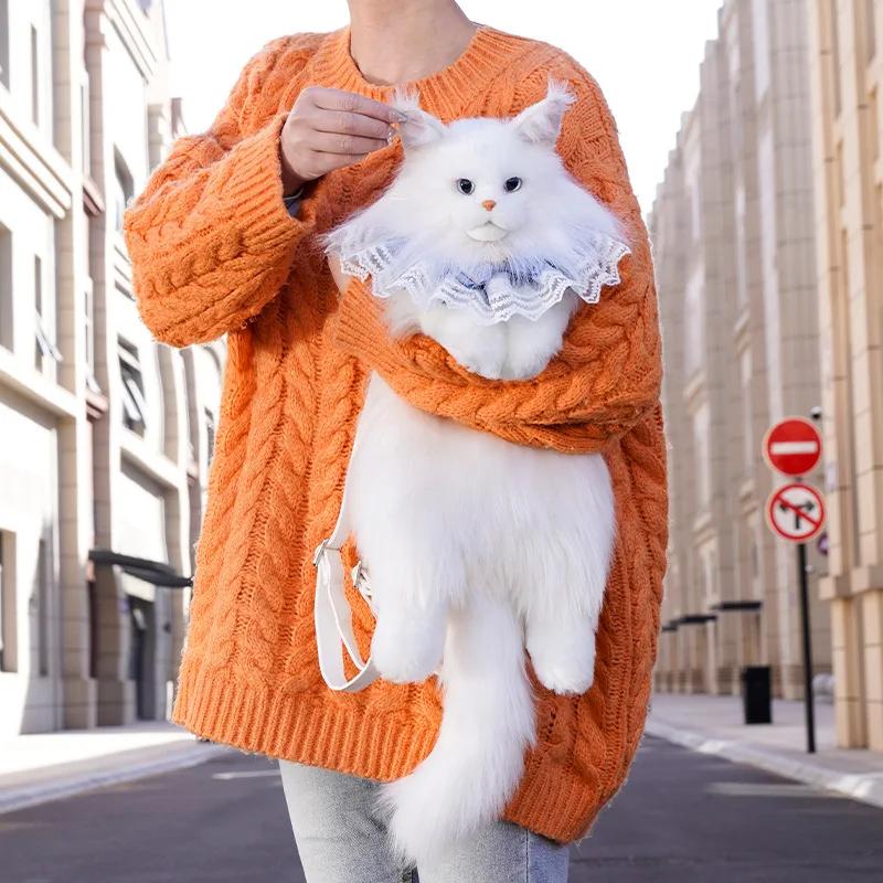 Fashion White Cat Bag Plush Girl Backpack Super Cute Trendy Pure Handmade Simulation Cat Shopping Bag Birthday Gifts For Kids