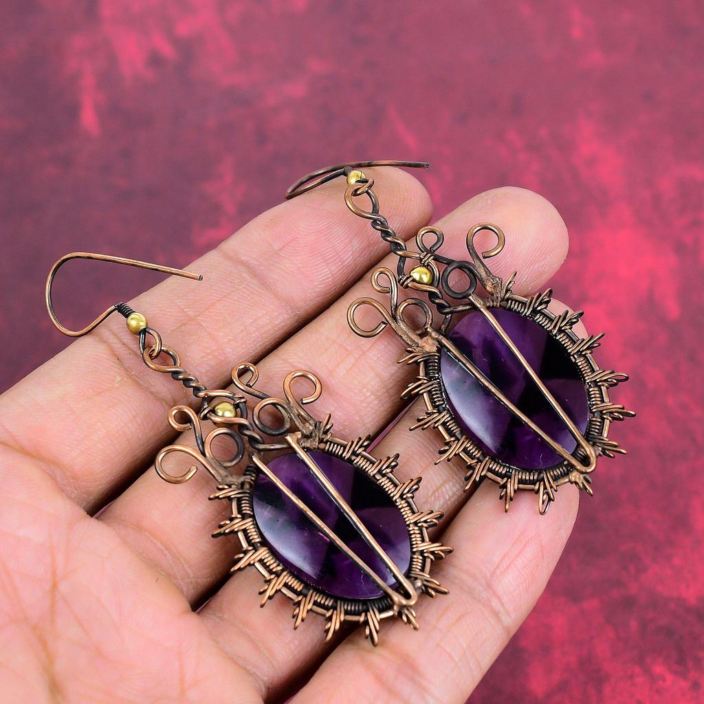 Star amethyst earrings copper wire wrapped earring handmade earring gemstone copper jewelry unique earring gift for mom wire weaving jewelry