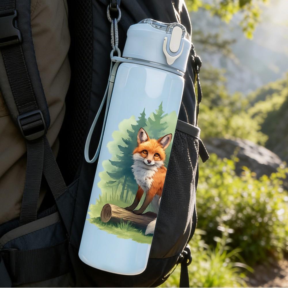 1PC Forest Fox Illustration Print 750ml Color Plastic Sports Water Bottle Leakproof Flip Straw Lid Suitable for Sports Office Home Use