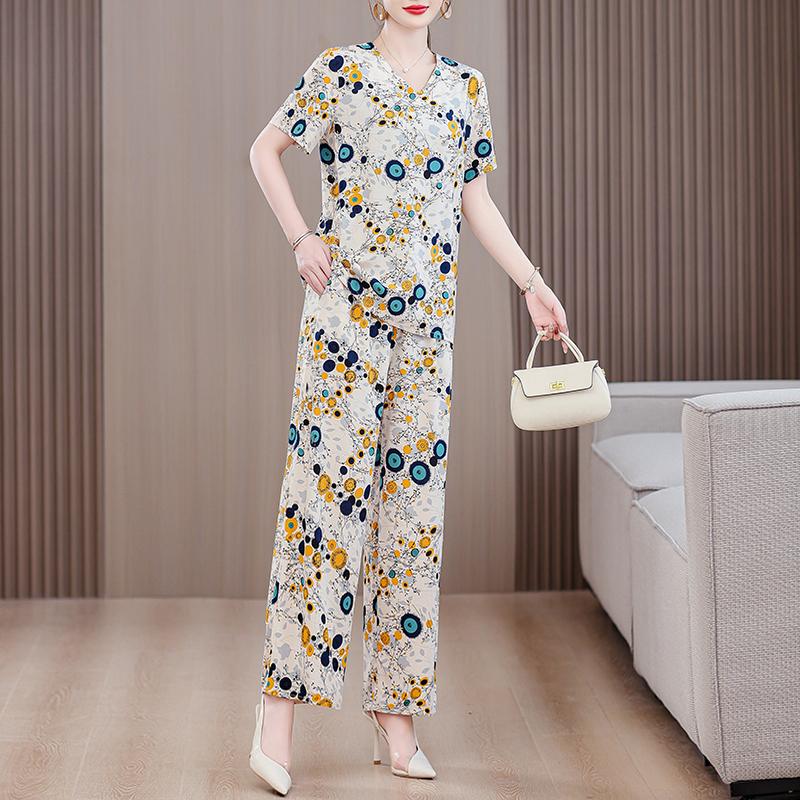 Eleganta 2-delade Set för Kvinnor Plus Size Löst Vintage Tryck Hög Midja Byxset Sommar Casual Kläder för Medelålders Kvinnor