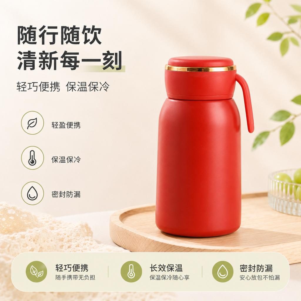 Gift Pocket Thermos Cup Portable Home Ladies Office Water Cup with Handle Fashion Double Layer Stainless Steel Cup