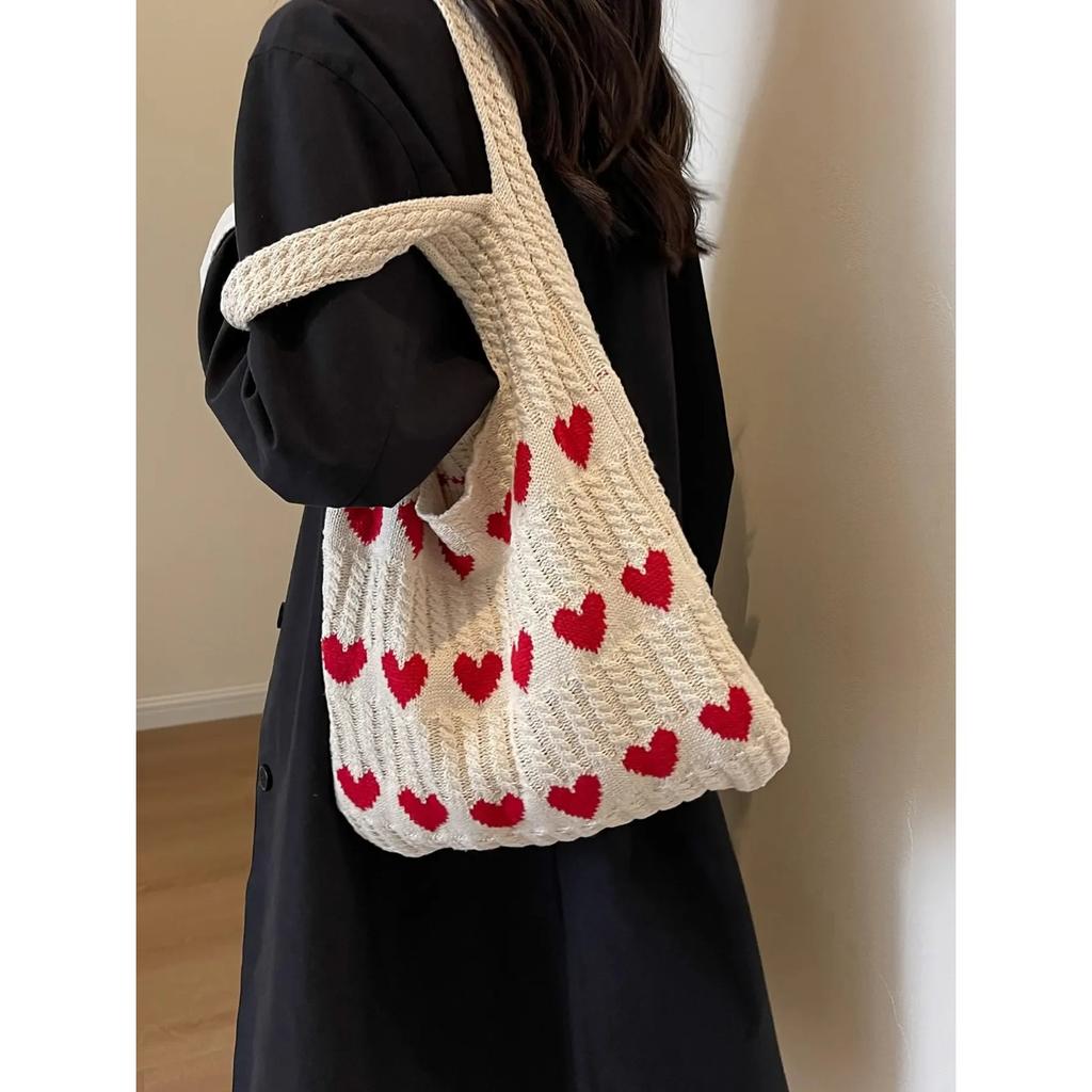 1pc Heart Pattern Color Blocking Crochet Handbag Shoulder Bag Large Capacity Fashion Beach Bag Versatile Commute Bag Large Bag