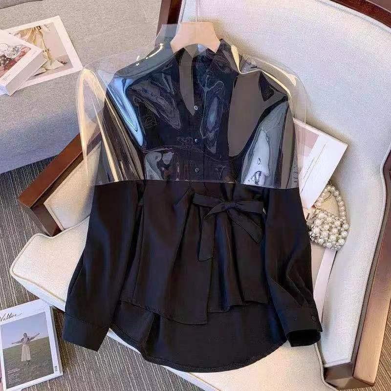 Bowknot Lace-up Women's Shirt All Season Solid Color Bright Thread Decorated Tops Temperament Turn Down Collar Clothes