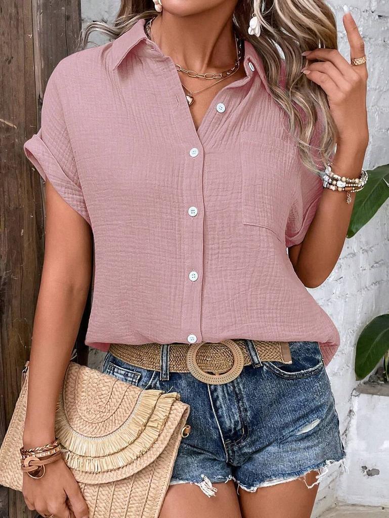 Dames Katoenen Korte Mouw Shirt Omgeslagen Kraag Casual Effen Kleur Knopen Blouse Met Zak Zomer Dagelijkse Top