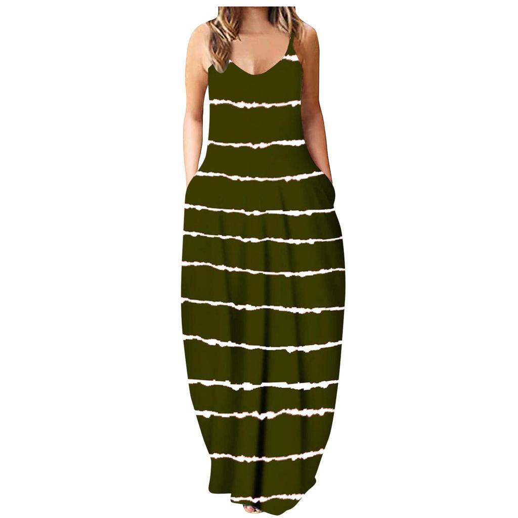 Fashion Women's Loose Casual Summer Striped Print Pocket Sling Sleeveless Dress