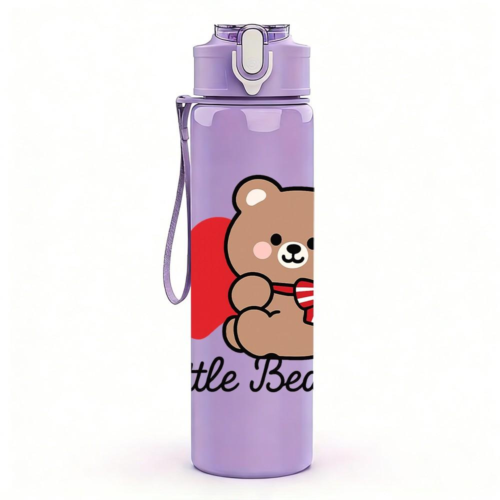 1PC Little Bear Red Heart Pattern 750ml Color Plastic Sports Water Bottle Leakproof Flip Straw Lid Suitable for Sports Office Home Use