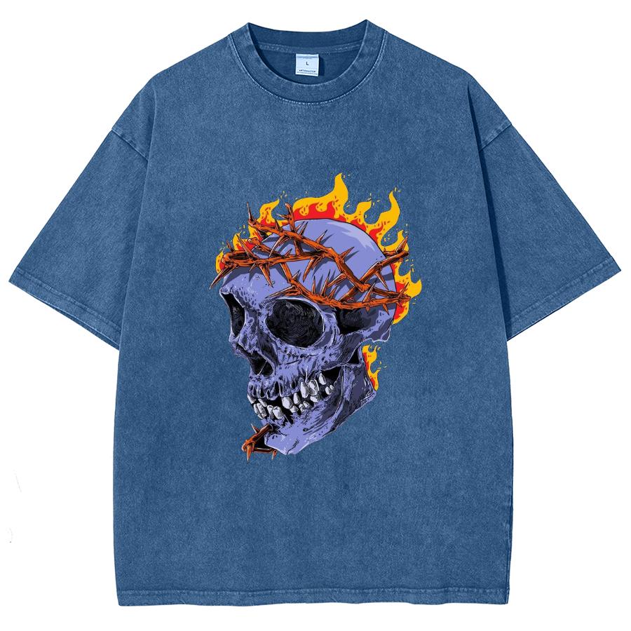 Skull Flame Print Women's T-Shirt Fashion Design High Street Hip Hop Short Sleeve Loose ZTE Wash Vintage Top