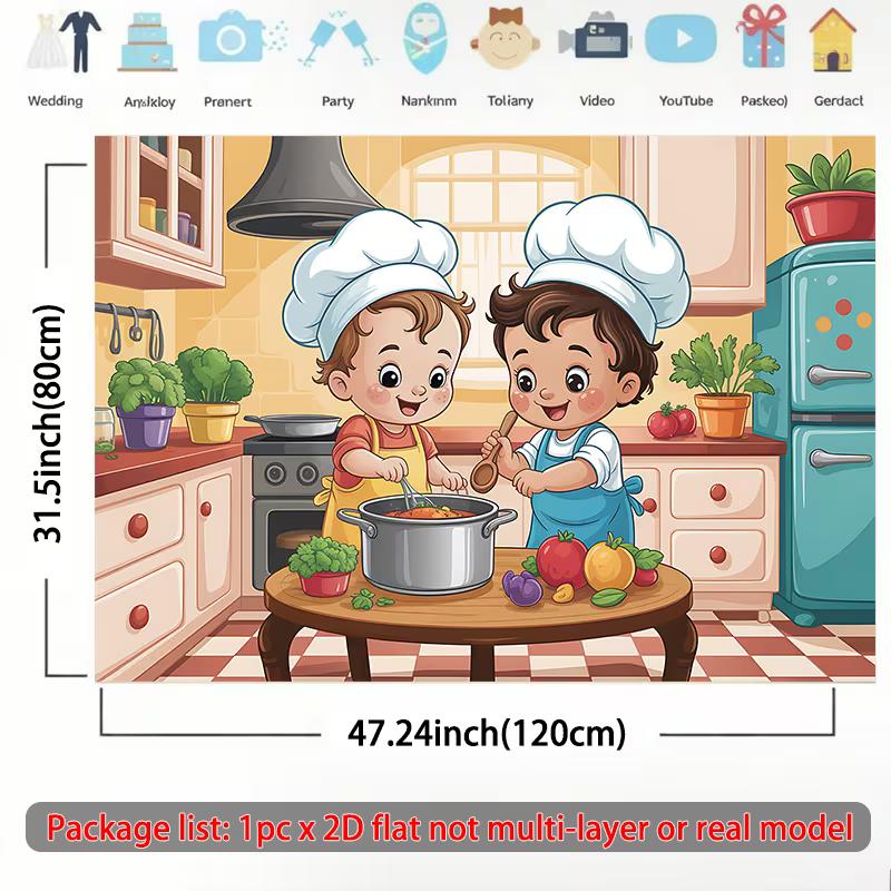 2D Children's Cooking Class Backdrop, Cute Chef Kitchen Photo Booth Background