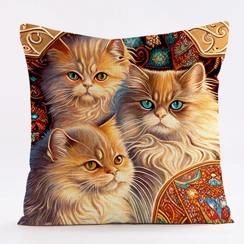 Classic Oil Painting Cat Design Linen Pillowcase 45x45cm Living Room Sofa Cushion Covers Home Decoration Car Waist Pillow