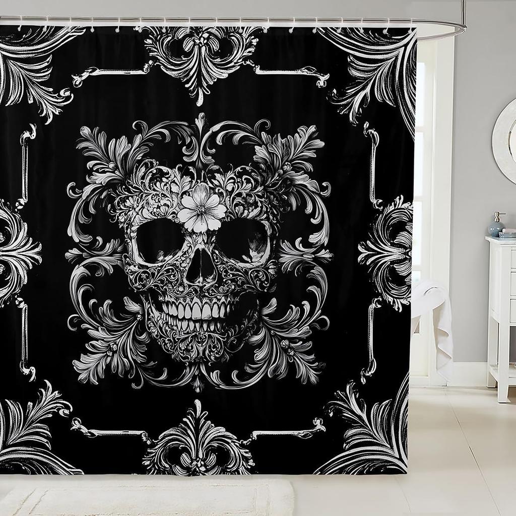 Cute Ghost Kids Shower Curtains,Black Cartoon Cat Happy Halloween Bathroom Curtain For Girls Boys,Rose Flowers Baroque Vintage