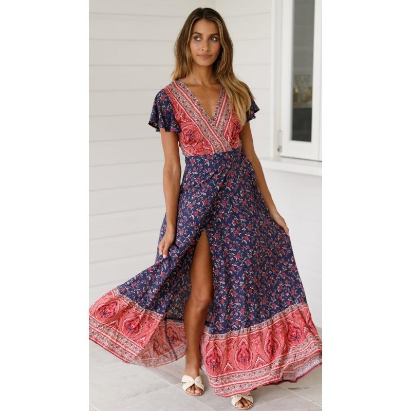 Summer Short Sleeve Casual Printed Long Dress Sexy Floral Fashion Elegant Loose Holiday A-line High Slit Party Dress Slim Fit Women's Clothing