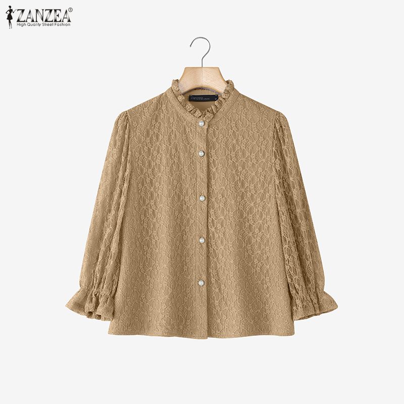 ZANZEA Women Casual Stand Collar 3/4 Sleeve Patchwork Lace Blouse