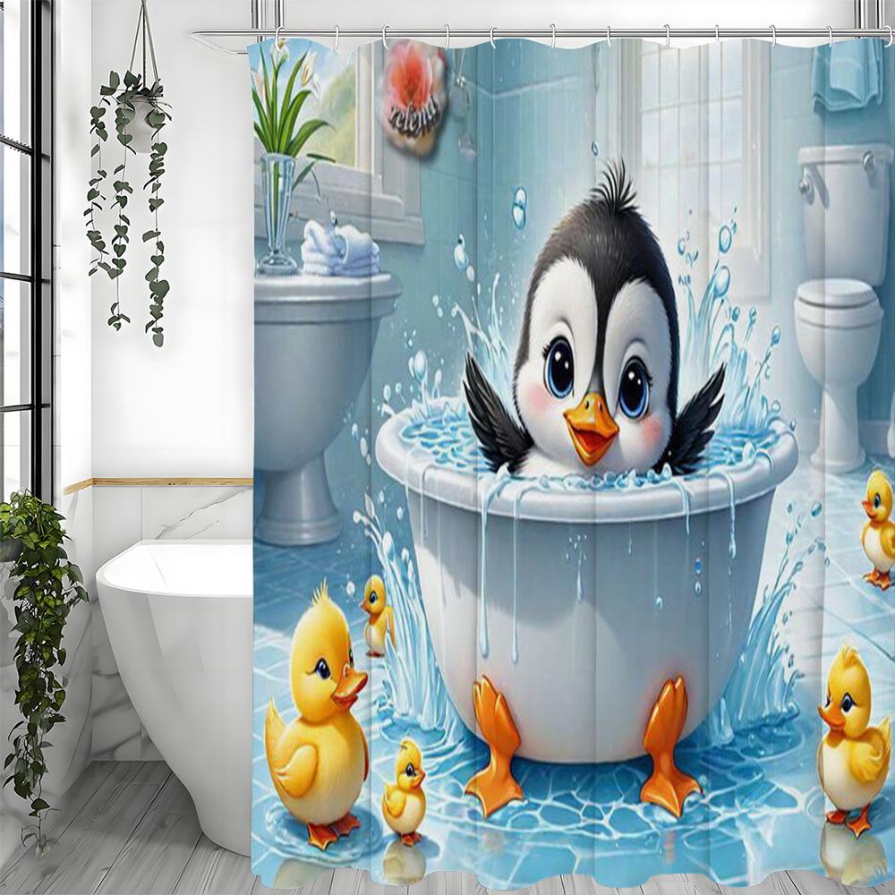 Cute little penguin bathing yellow duck shower curtain, bathroom decorative shower curtain, waterproof shower curtain with hooks