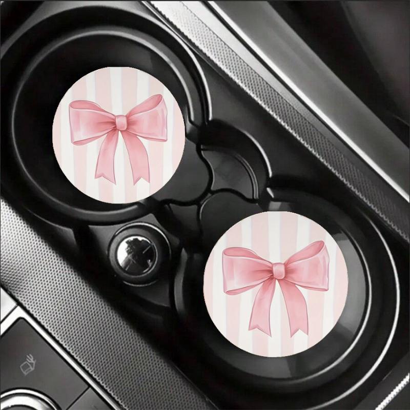 2 Or 6Pcs/Set Non-Slip Pink Bow Print Car Cup Holder Coasters Universal Fit Interior Accessories