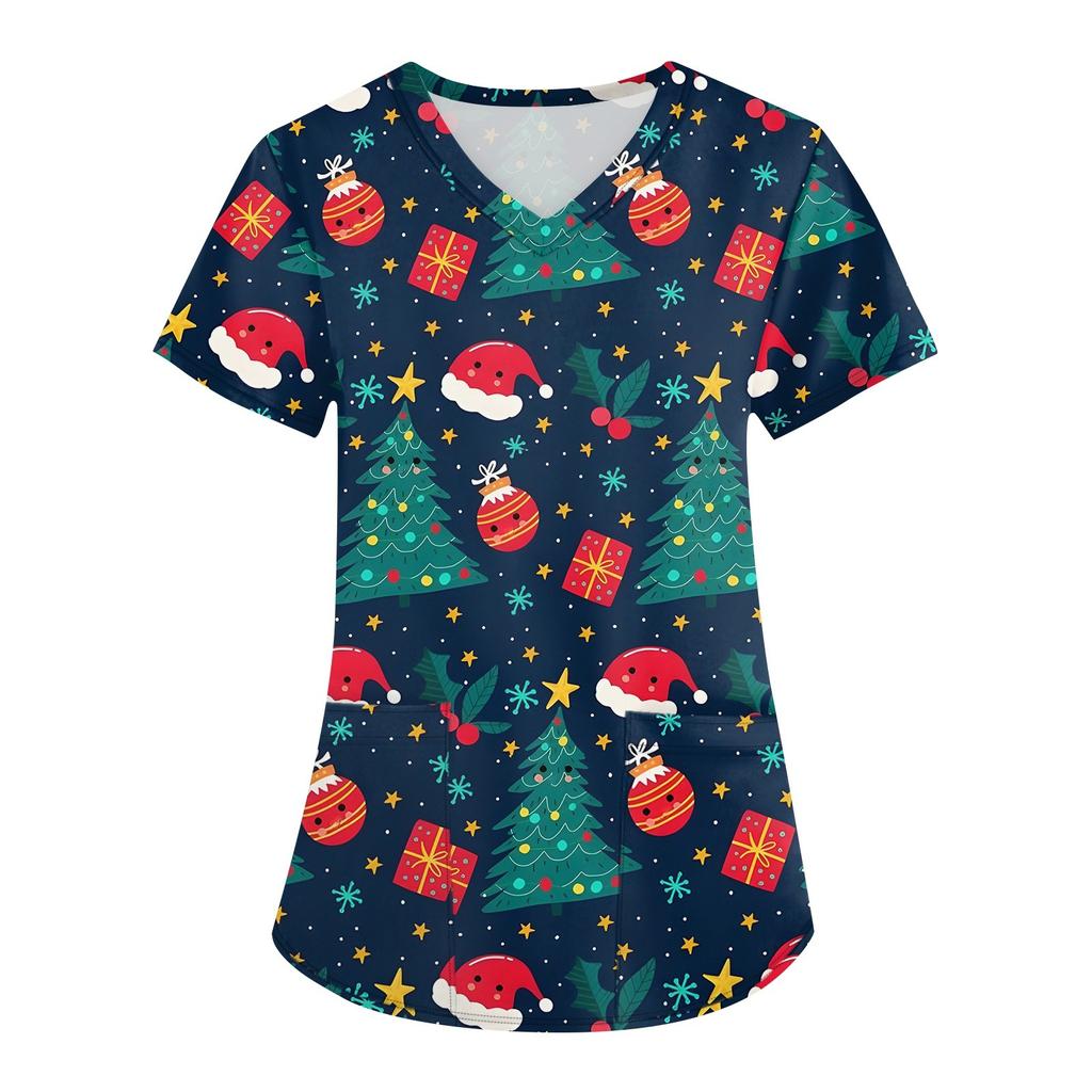 Vêtements de travail à manches courtes et col en V pour femmes avec poches et hauts imprimés de Noël