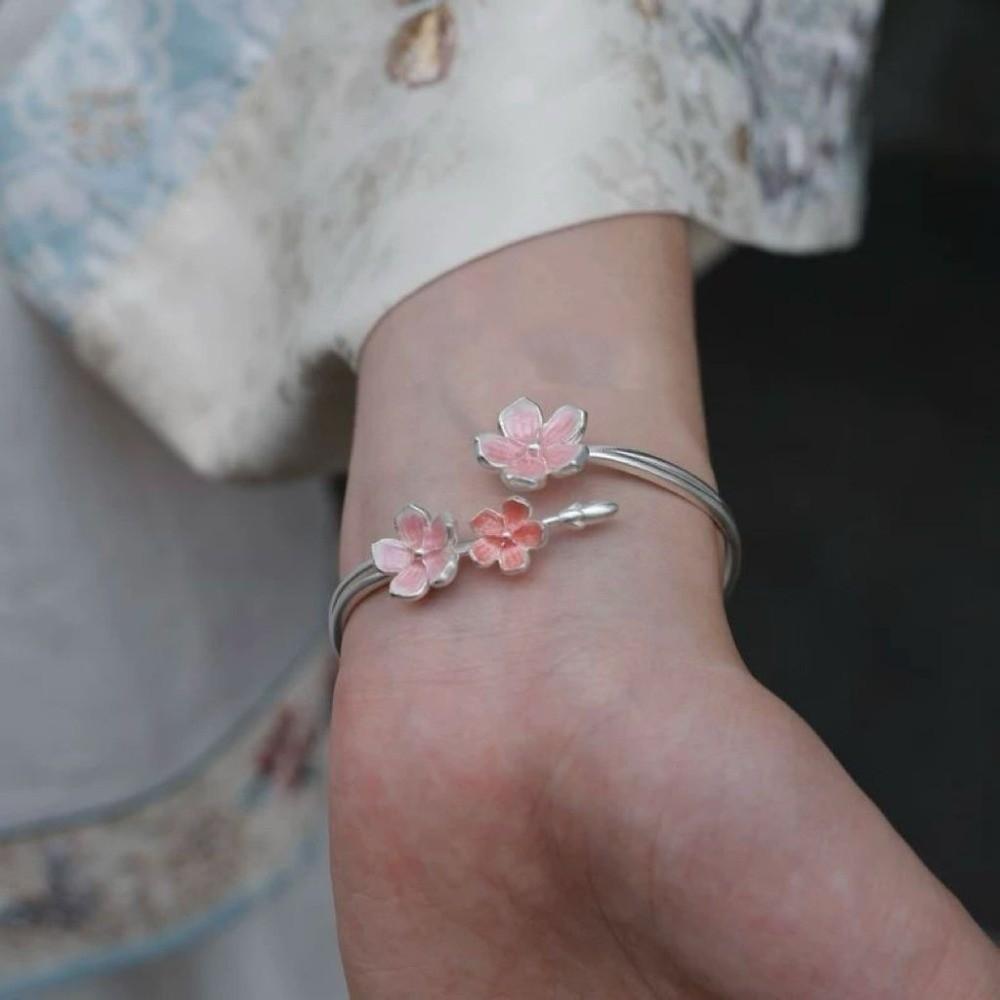 Sweet Pink Cherry Blossom Ring Drop Oil Design Flower Bracelet Fashion Open Adjustable Ring Party