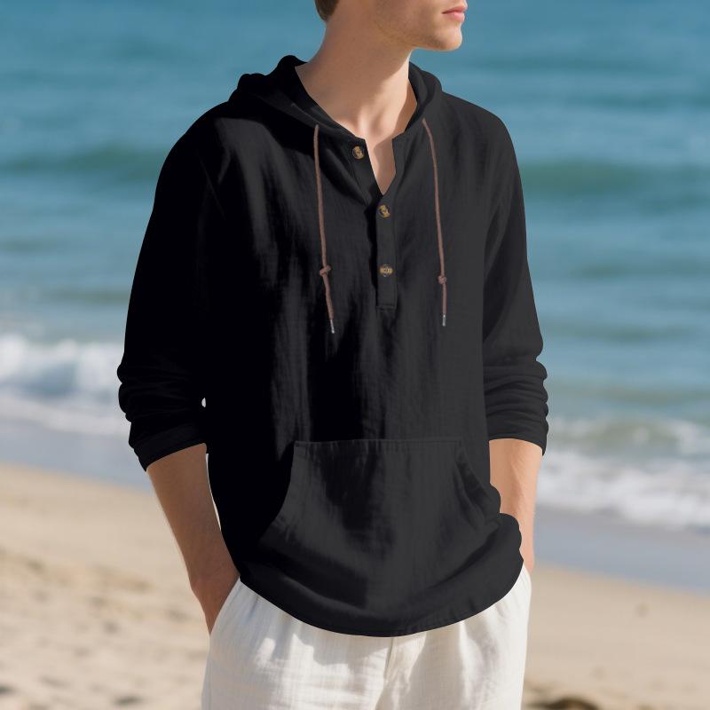 Men Casual Loose Long Sleeve Hooded Linen Blend Henley T Shirt