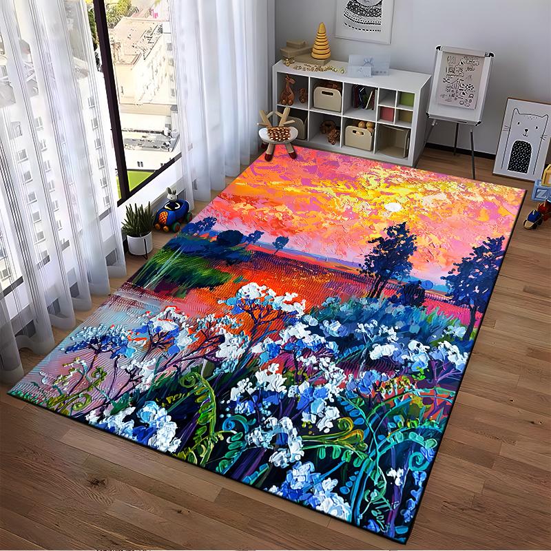 Colorful Sunset Landscape Carpet with Flowers and Artistic Design Suitable for use as an anti-slip for living room bedroom sofas