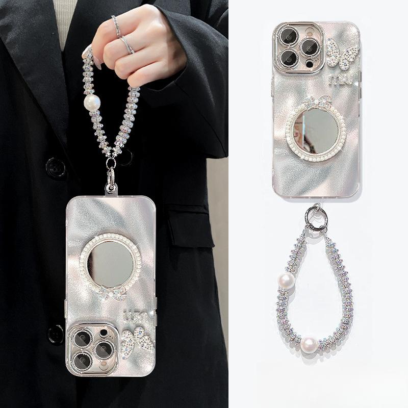 Flash Diamond Butterfly Pearl Round Mirror Suitable for Apple 16 Mobile Phone Case 15 Bracelet 14 High-end Feeling 13 All Inclusive 11 Women