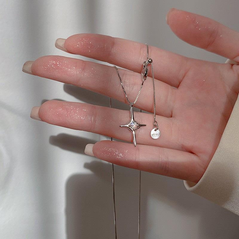 New S925 Sterling Silver Necklace Zircon Four-pointed Star Cross Necklace Personalized Punk Style Pendant Clavicle Chain