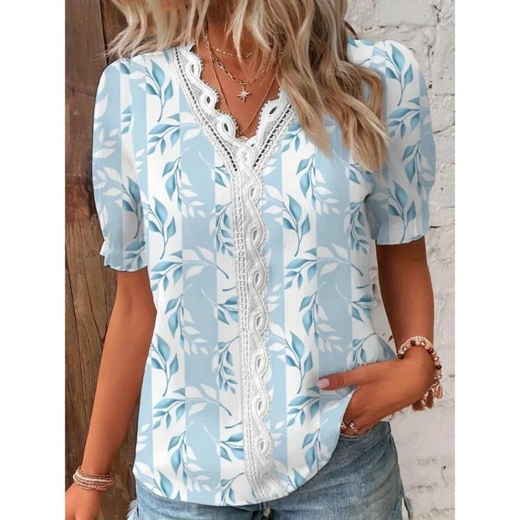 Elegant Plus Size Womens Floral Print Blouse V Neck Lace Detail Short Sleeve Spring Summer Textured Clothing
