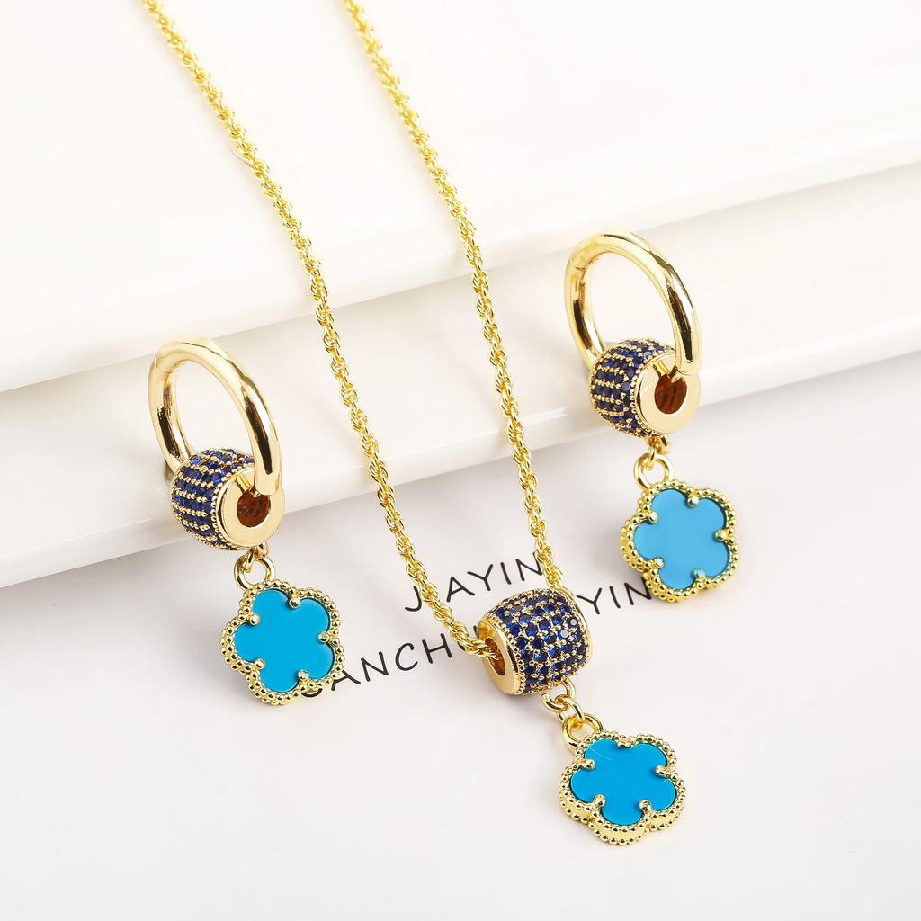 Luxury shiny Zirconia Earrings for women Fashion Five-leaf Flower Earrings Necklace set Classic women's party jewelry Shamrock