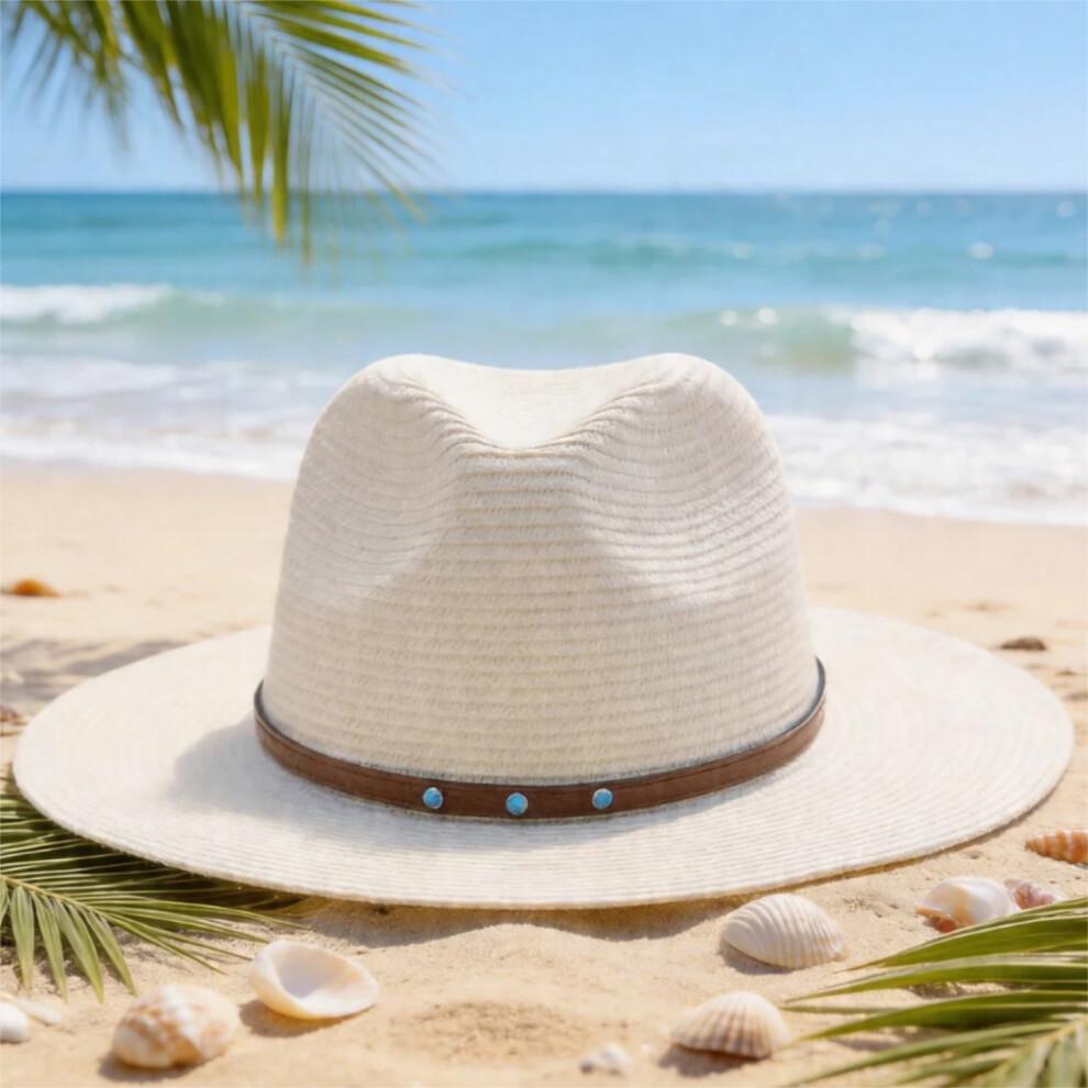 (One Size, Creamy White) Men Straw Panama Hat, Wide Brim Sun Hat Lightweight Summer Top Hat for Outdoor Beach