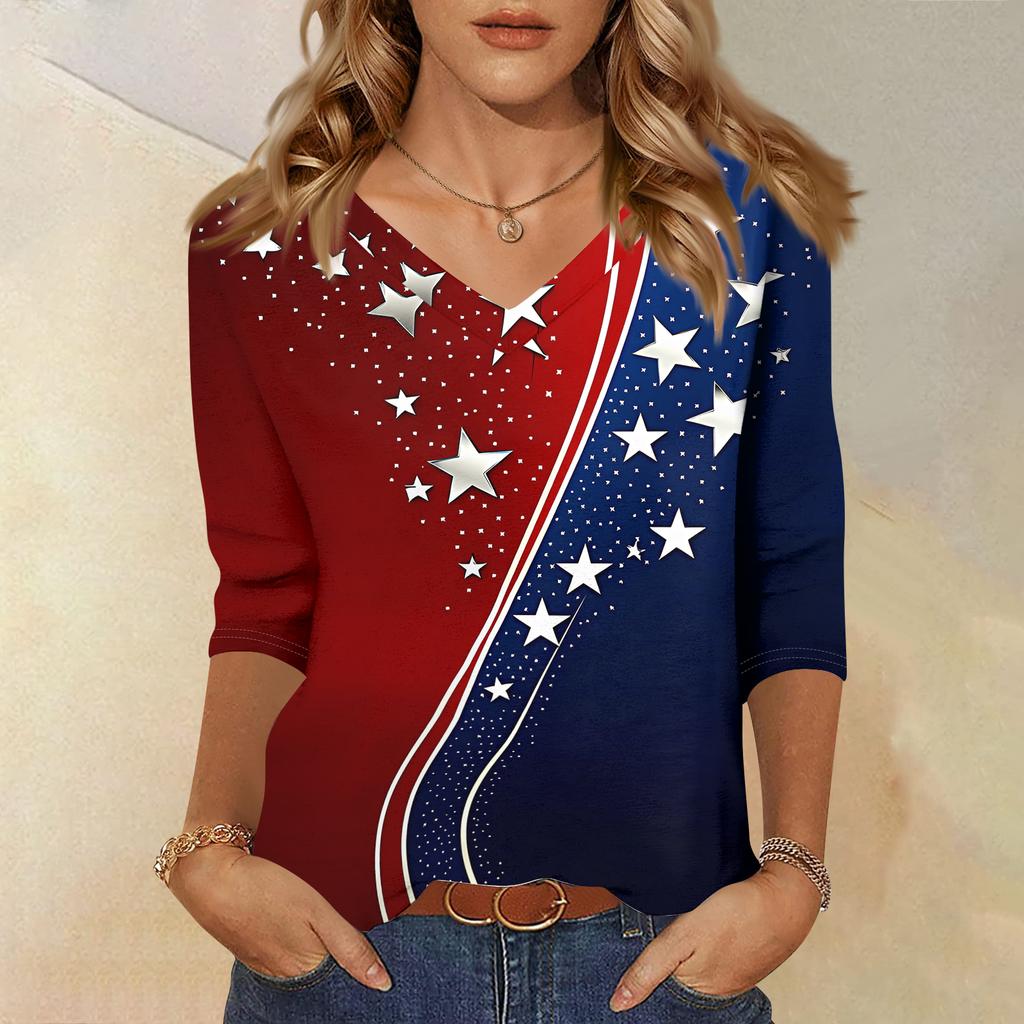 Womens V Neck 34 Sleeve Loose Fit Casual Blouse Flag Print Top Seven Quarter Sleeve Shirt for Daily Wear