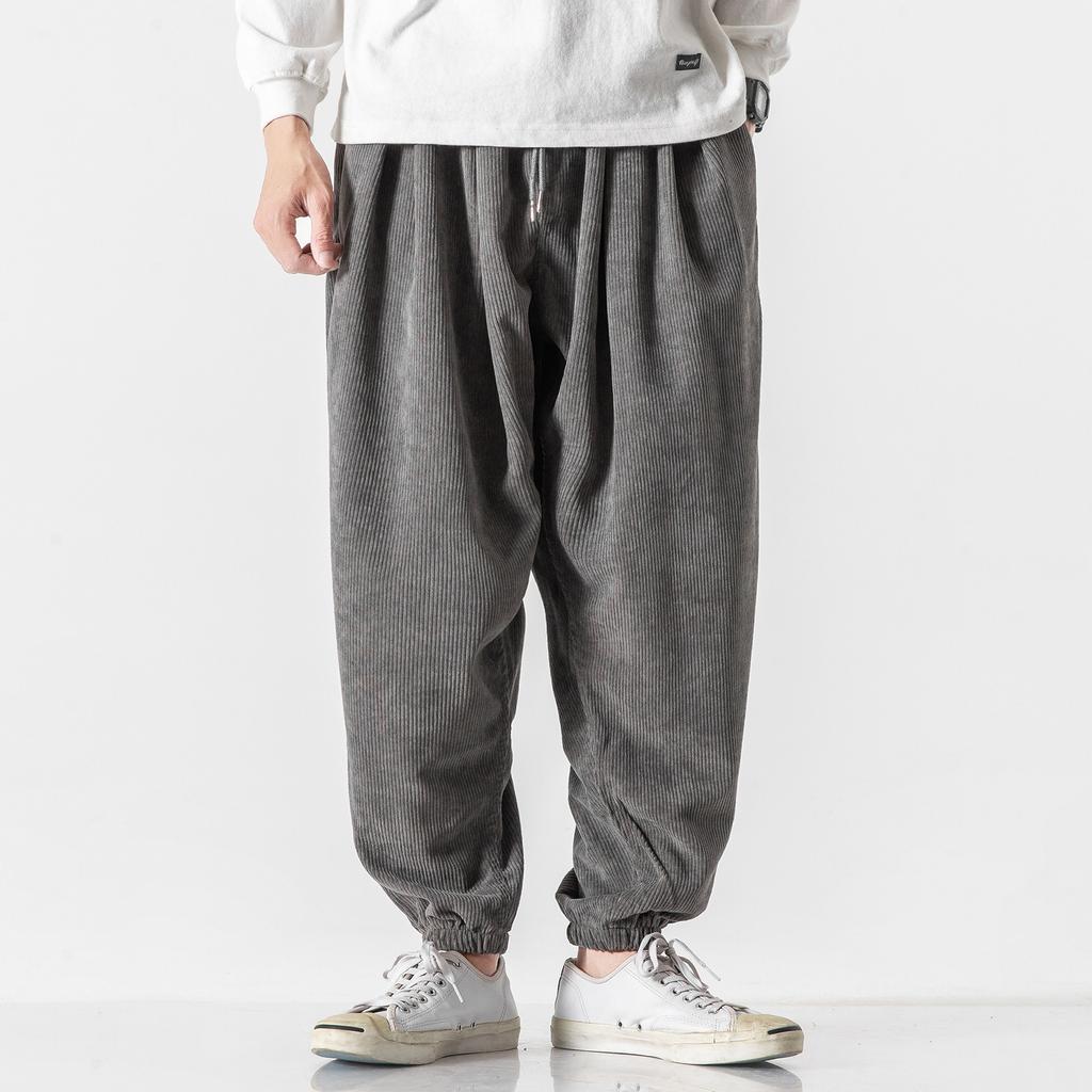 For Autumn and Winter, Chinese-style Plus-size Japanese Drawstring Casual Wear, Helen Corduroy Nine-inch Hong Kong-style Neutral Baggy Pants for Men