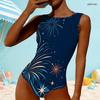 Women Plus Size High Round Neck Sleeveless One Piece Swimsuit Firework Printed Navy Blue