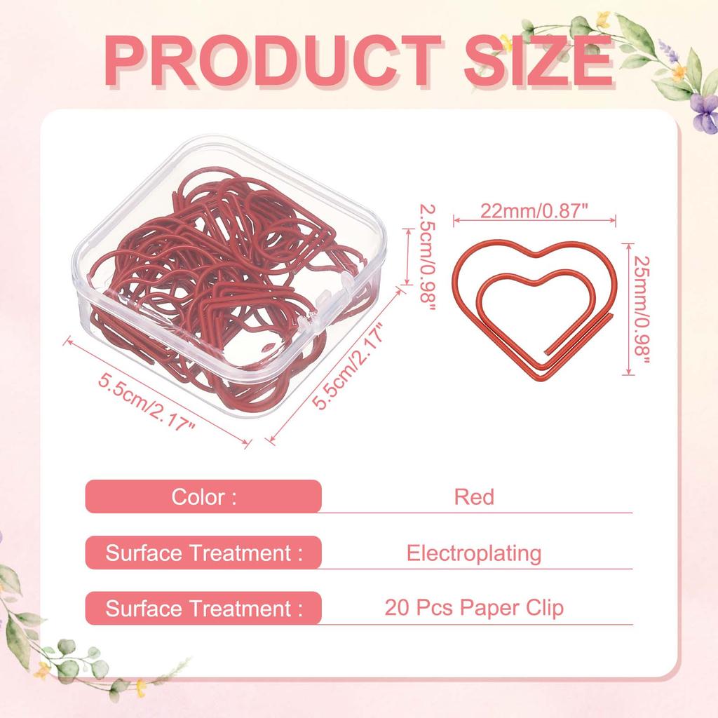 20Pcs Heart Shape Metal Paper Clips Binder Clip Mini Bookmark Book Binding Note Decor Stationery School Office Binding Supplies