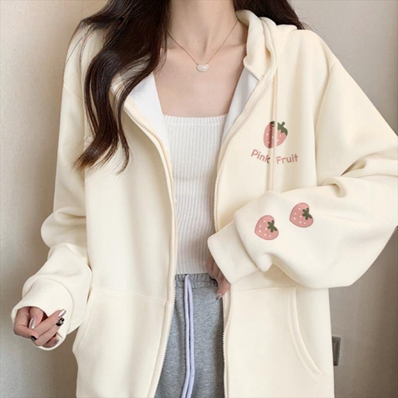 2026 New Strawberry Print Zipper Hooded Jacket Spring And Autumn Thin Collection Fashion Trends Versatile Casual Lazy Wind