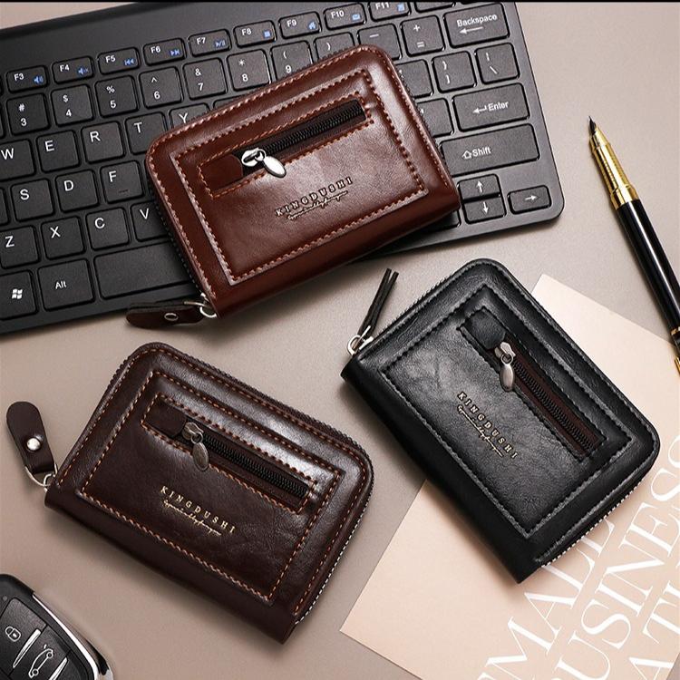 Men RFID Blocking Credit Card Holder Wallet, Genuine Leather Zipper Card Case, Accordion Card Organizer Coin Purse