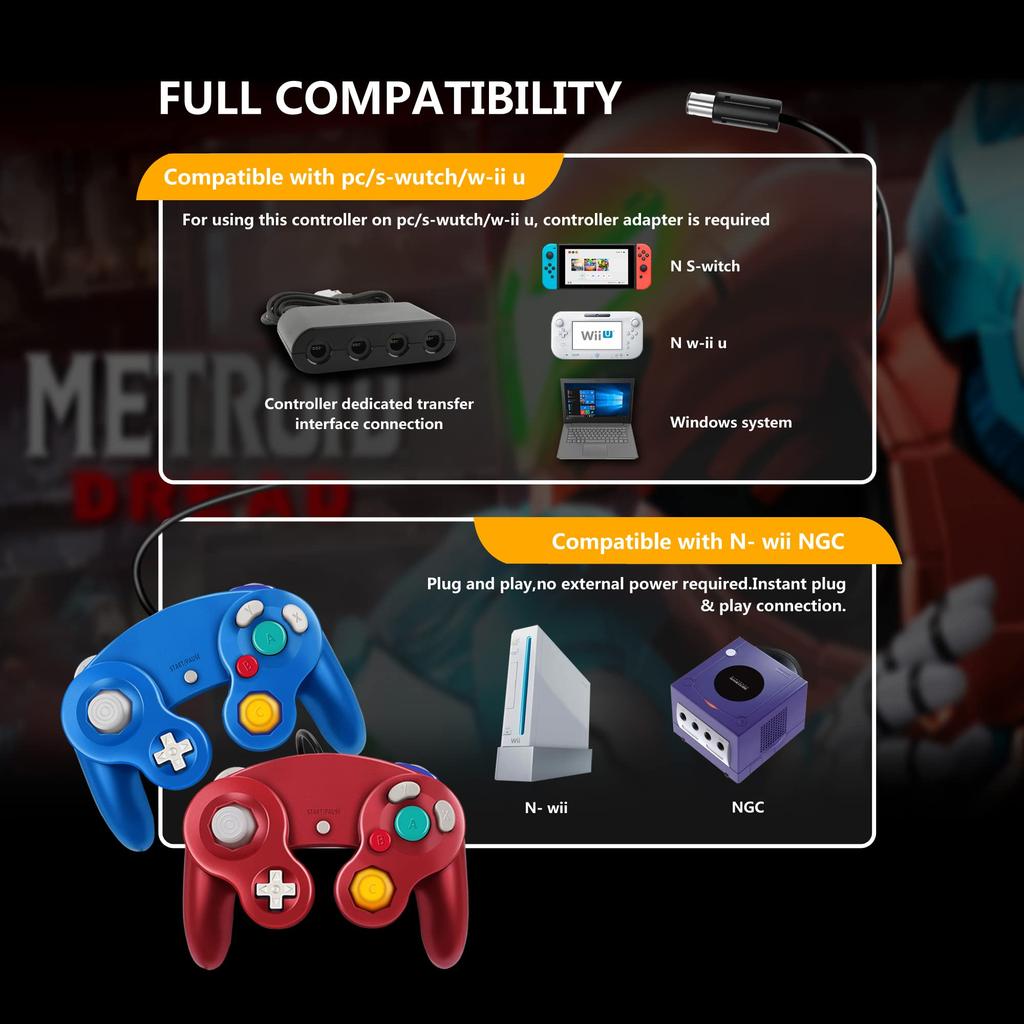 Manette filaire FIOTOK Gamecube Classic pour manette Wii Nintendo Gamecube, (Rouge Bleu)