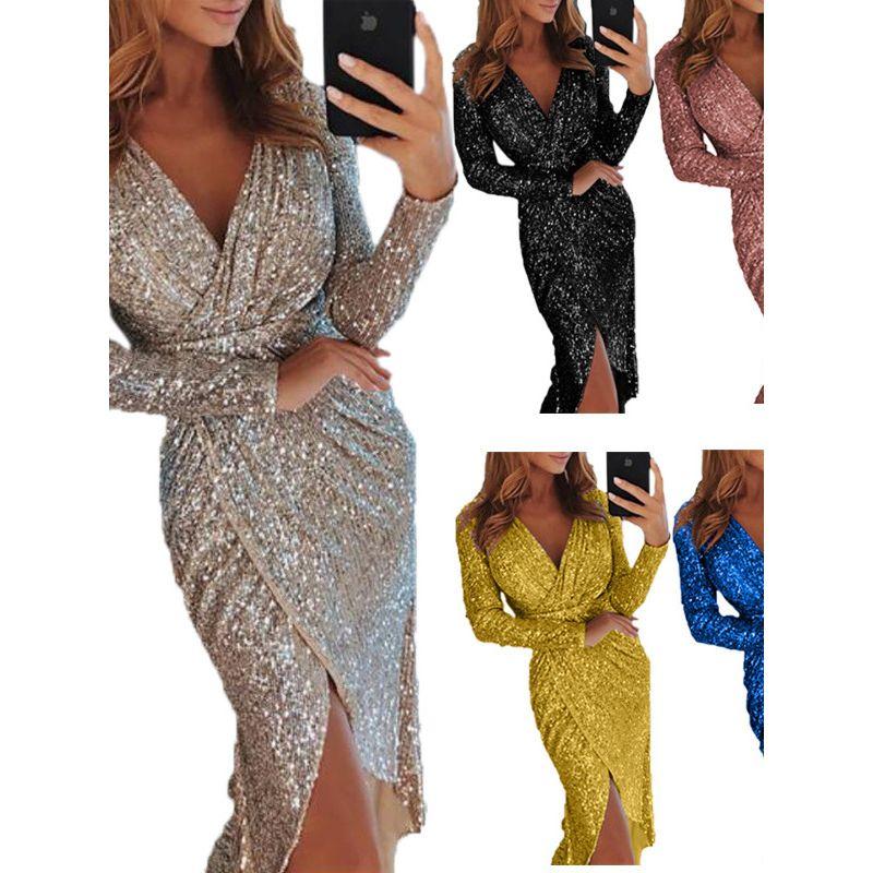 Solid Color V-neck Long Sleeve Dress Solid Color and V-neck Long Sleeves Irregular Dress