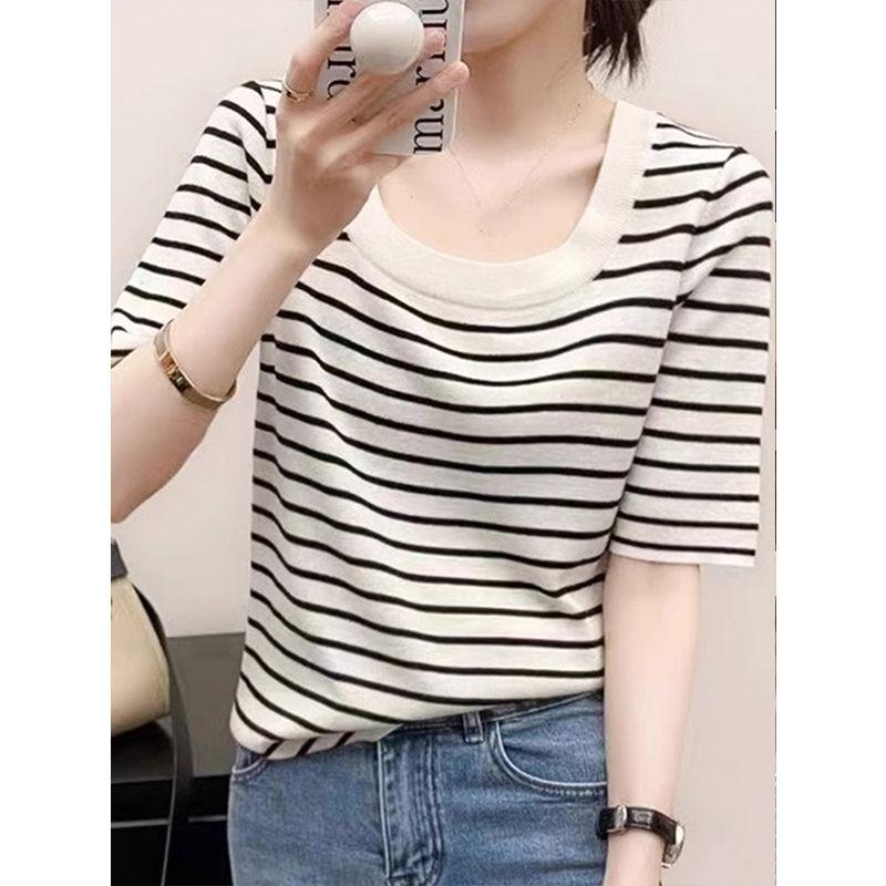 2025 Summer Stylish U-Neck Short-Sleeve Slimming Loose T-shirt M абрикосовый
