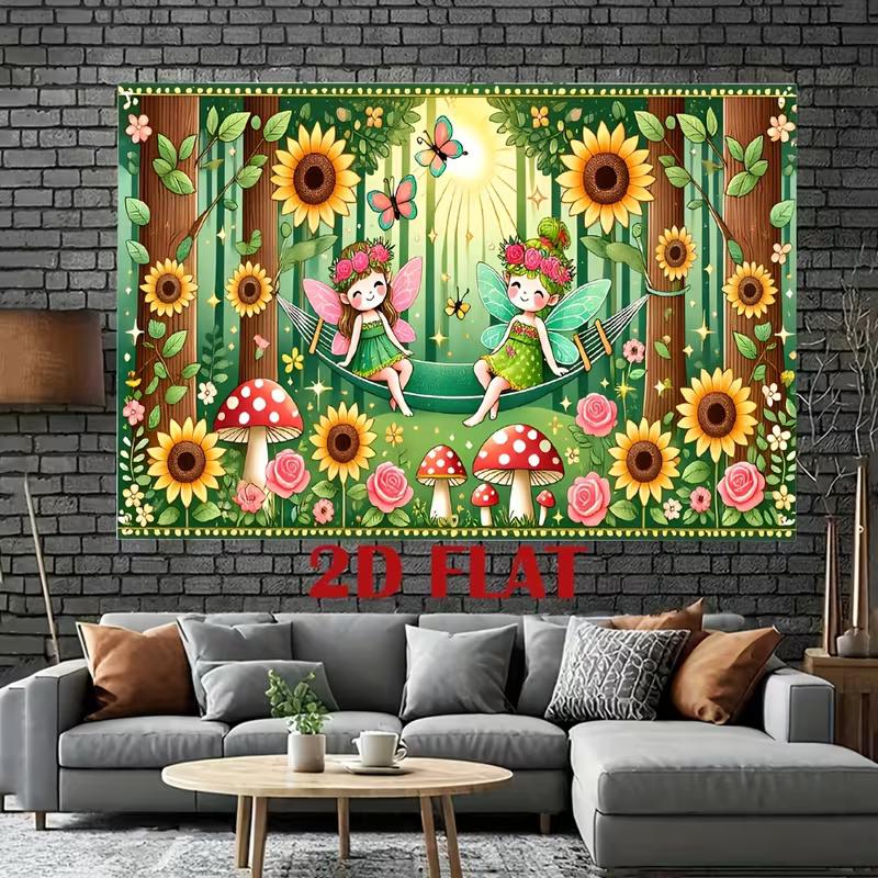 

2D Girls Birthday Backdrop, Cute Fairies in Magical Forest with Mushrooms Photography Background 47.2x31.5inch/120*80cm