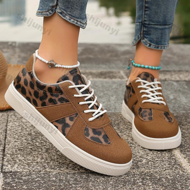 Fashion Women Fashion Leopard Flat Sneakers Lightweight Lace-up Non Slip Running Shoes Female Casual Soft Sole Single Shoes Plus Size 42