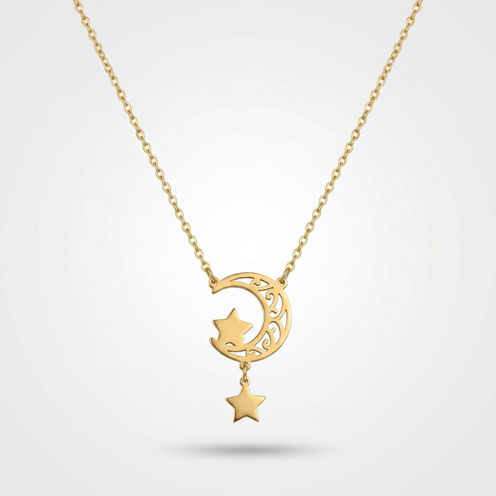 QIAOREN 11952 Elegant Boho Celestial Moon Star Pendant Necklace Gold Stainless Steel Hollow Filigree Jewelry Gift for Women