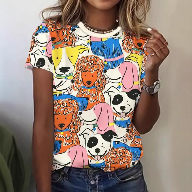 Summer Round Neck Short Sleeved Casual Versatile Top with Animal Print Women's T-shirts